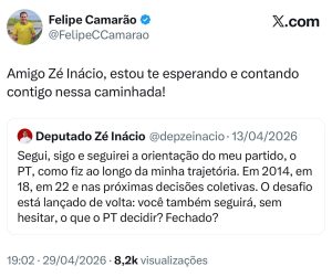 Felipe Camarão relembra compromisso público de Zé Inácio com o PT e cobra coerência: “Quero ver você cumprir sua palavra”